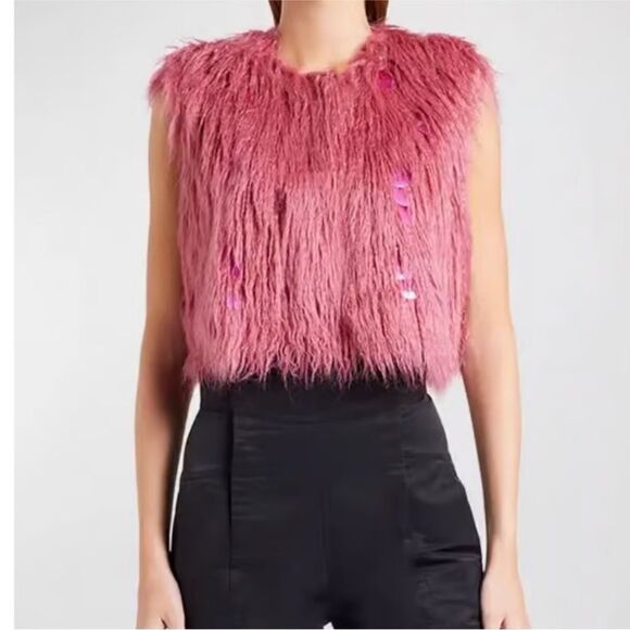 Alabama Muse NWT Lanny Gold Embellished Sleeveless Fur Jacket Desert Rose IT 42 - Picture 4 of 11